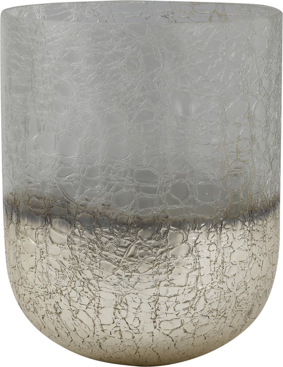 PTMD Collection Lezz Windlicht Vaas Craquelé Glas met Zilveren Onderzijde - Zilver - L