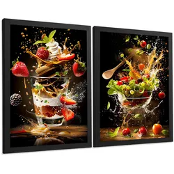 POSTER 2er Set Küchen-Wandbilder Erdbeer-Dessert und Salat Splash Fotografie Schwarzer Hintergrund Deko Rahmenlos A4
