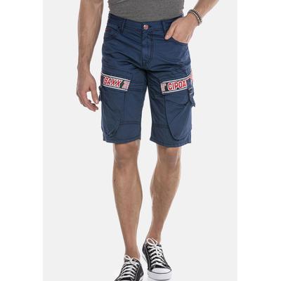 Jeansbermudas CIPO & BAXX "Capri-Shorts", Herren, Gr. 29, Normalgrößen, blau (navyblau), 100% Baumwolle, unifarben, regular fit knieumspielend, Jeans, mit angesagtem Label-Patch auf den Cargotaschen