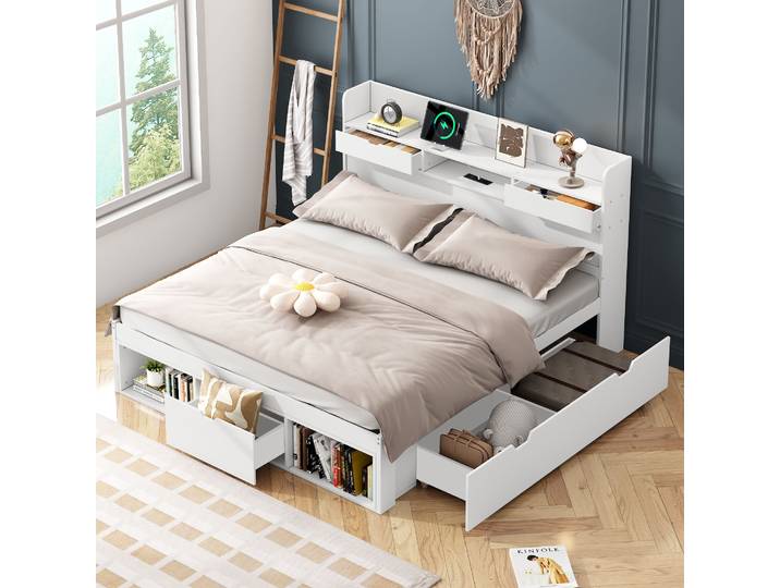 Lit Double Enfant 140x190 Cm Avec Rangement\, Étagères\, Tête De Lit Tiroirs Et Ports Usb - Multifonctionnel - Bois Pin+mdf - Blanc
