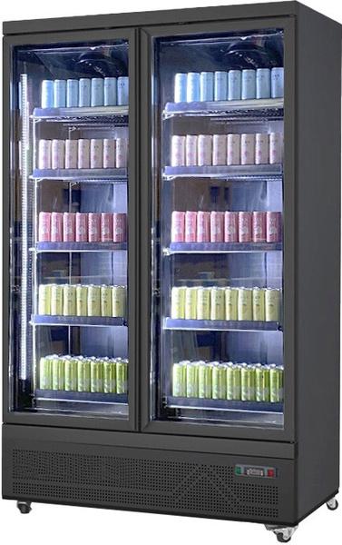 Gastro Getränkekühlschrank | Flaschenkühlschrank | Gewerbekühlschrank | 2 Glastüren | Schwarz | 1038 Liter | 0 bis +10 °C
