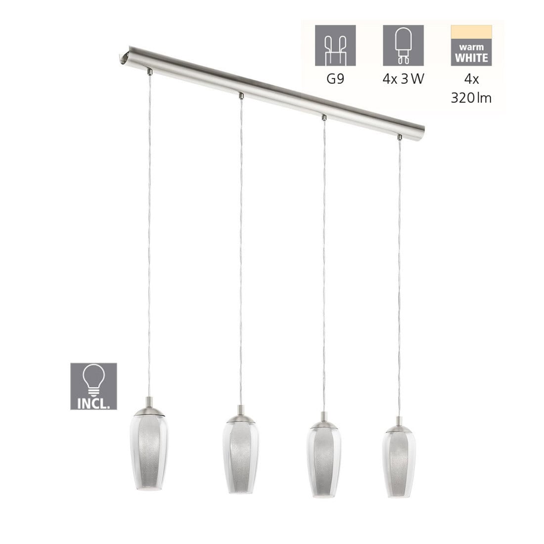 Eglo Farsala Hanglamp, Zwart, Satineerstaal en Glas, Transparant