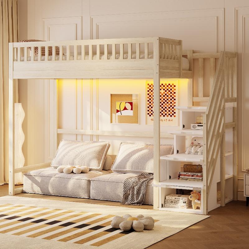 Hochbett 90x200cm aus Kiefernholz mit Sicherheitsgeländer, Stauraumtreppe und LED-Lichtleiste, Treppe links oder rechts montierbar
