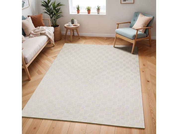 LIVABLISS Tapis de Salon à Poils Courts Doux Scandinave à Carreaux IRINA 160x213cm Ivoire
