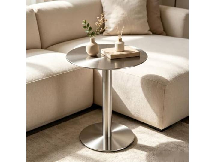 Gaommini Silberner Sofa Beistelltisch Couchtisch Bartisch aus Edelstahl Esstisch, Cocktailtisch für Garten, Hinterhof, Bistro oder Terrasse, drinnen und draußen(Round,80x80x105cm)