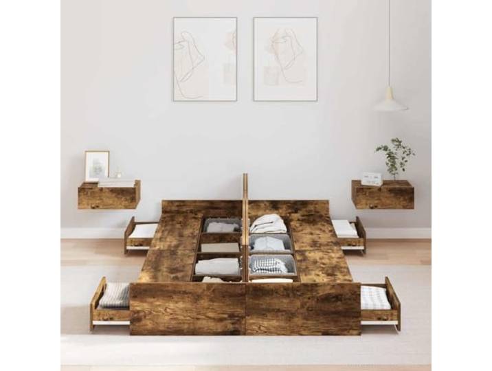 KTHLBRH Bettkasten Eiche Rauchgrau 120 x 200 cm 4 integrierte Schubladen, mehrschichtiges Holz, stabile Struktur, moderner Stil