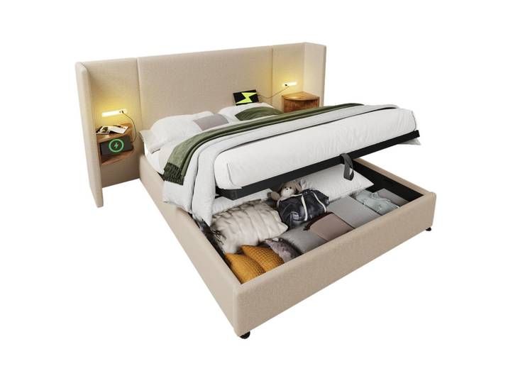 Okwish Polsterbett 160/200 cm Beige mit Nachttisch und USB-Ladefunktion mit Matratze, 160x200 cm, Schlafzimmer, Betten, Polsterbetten