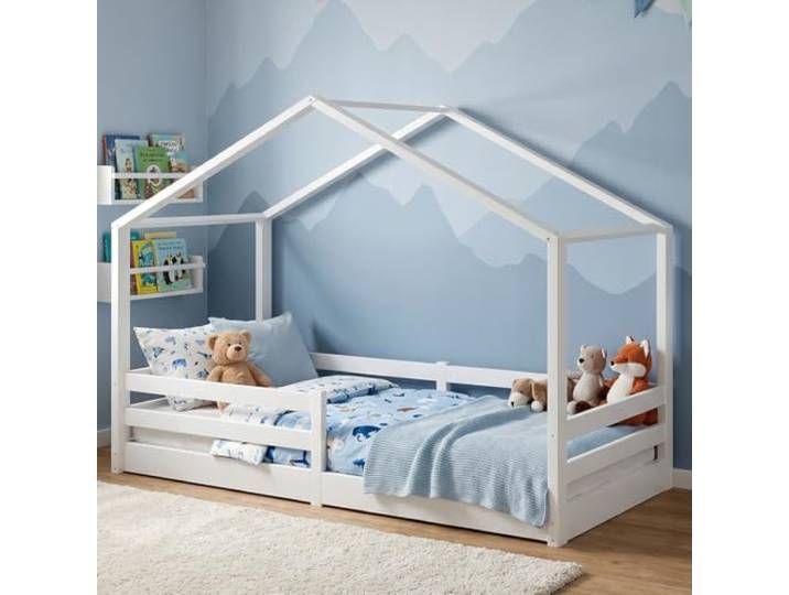 Bellabino Abia Hausbett Bodenbett 90x200 cm, Weiß, aus Kiefer Massivholz Montessori Kinderbett mit Rausfallschutz & Lattenrost, für Jungen & Mädchen, Holzbett, Kinderbettgestell, Kinderzimmermöbel