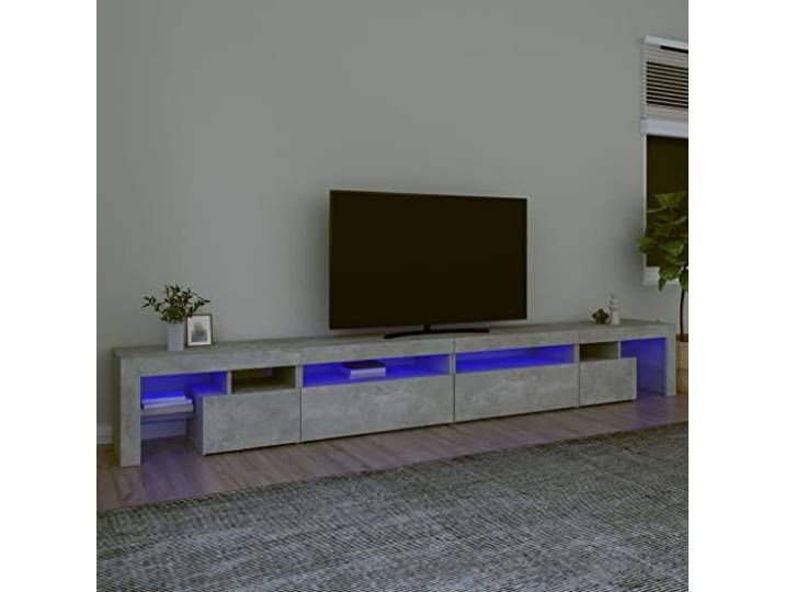 TV Unterschrank mit LED-Beleuchtung, Betongrau, 290 x 36,5 x 40 cm, TV Möbel aus Holzwerkstoff, bunten RGB-LED-Lampen und Stauraum.