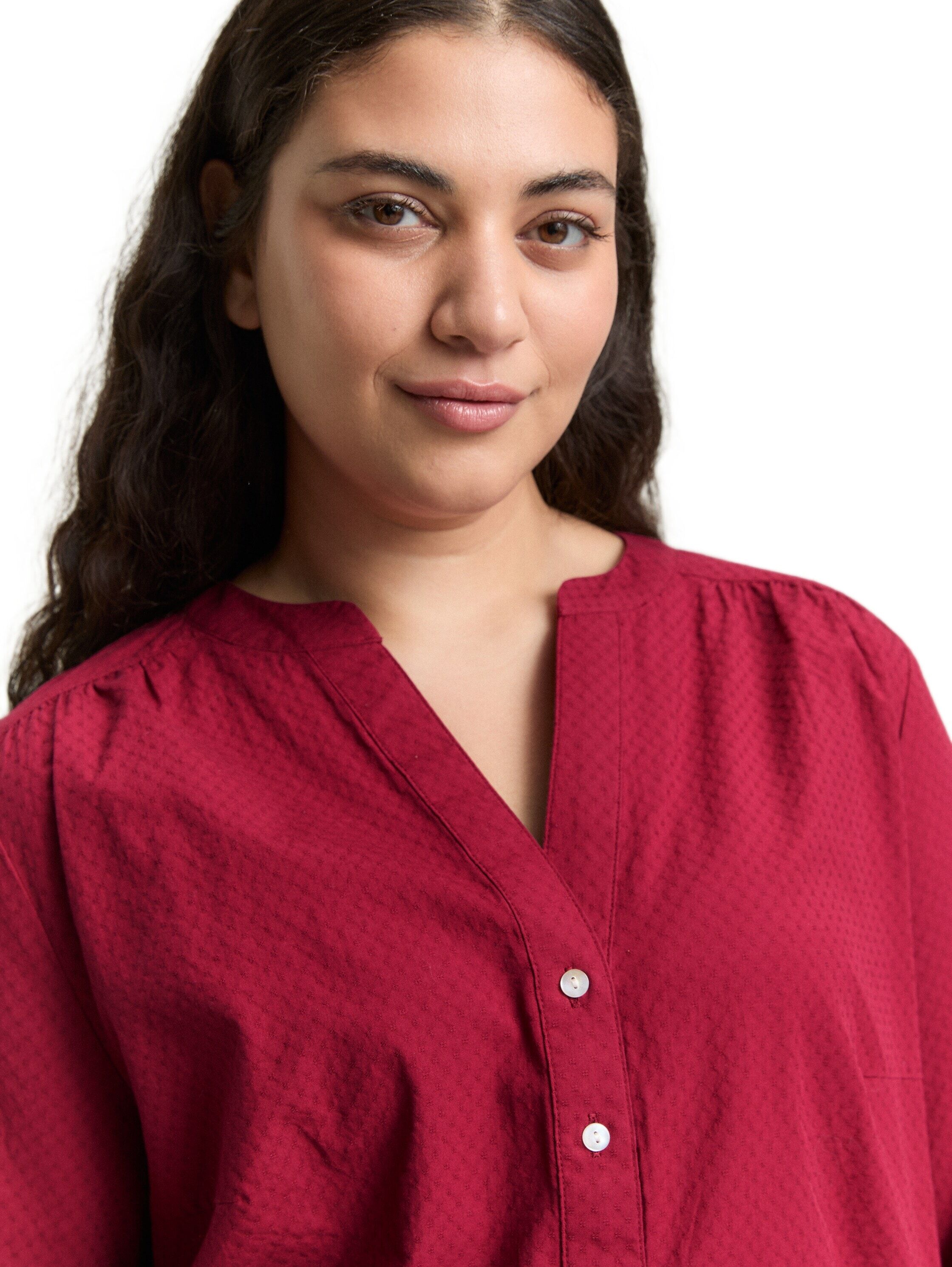 Langarmbluse TOM TAILOR PLUS, Damen, Gr. 46, rot (rumba rot), Web, Obermaterial: 100% Baumwolle, unifarben, lässig geschnitten hüftbedeckend, Rundhals, Blusen Langarmbluse rumba rot 46