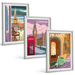 BILDER SET 3er Set - 40x60 cm Silberner Rahmen - Ansichten Paris London Retro