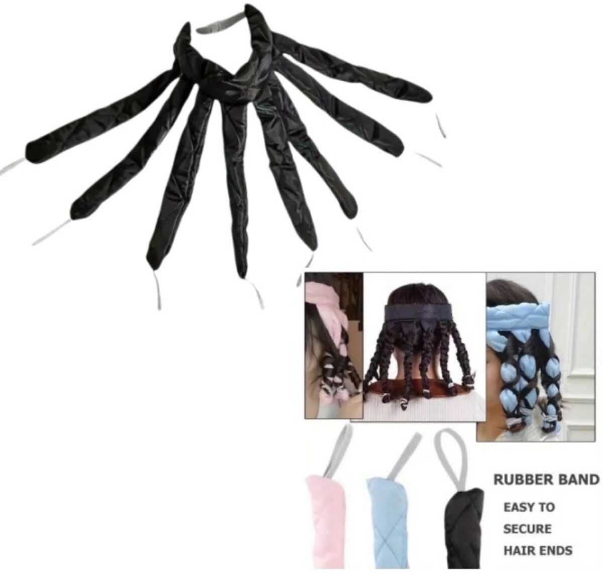 INF 2er-Set wärmefreie Lockenwickler mit Satin Schlafkappe – Übernacht-Styling ohne Hitze, Octopus-Design für natürliche Wellen Schwarz