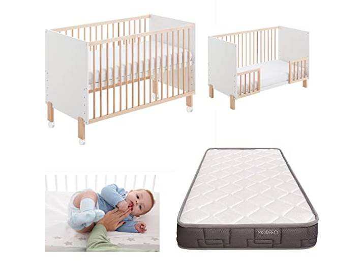 Umami CoolDreams Babybett, Morpheus Matratze und Geländer Europäische Norm, ungiftige Farbe. Geländer, 4 Rollen und Morpheu-Matratze im Lieferumfang enthalten.