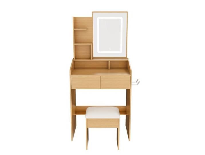 Une coiffeuse avec miroir à lumière LED prise électrique support pour sèche-cheveux et tabouret rembourré