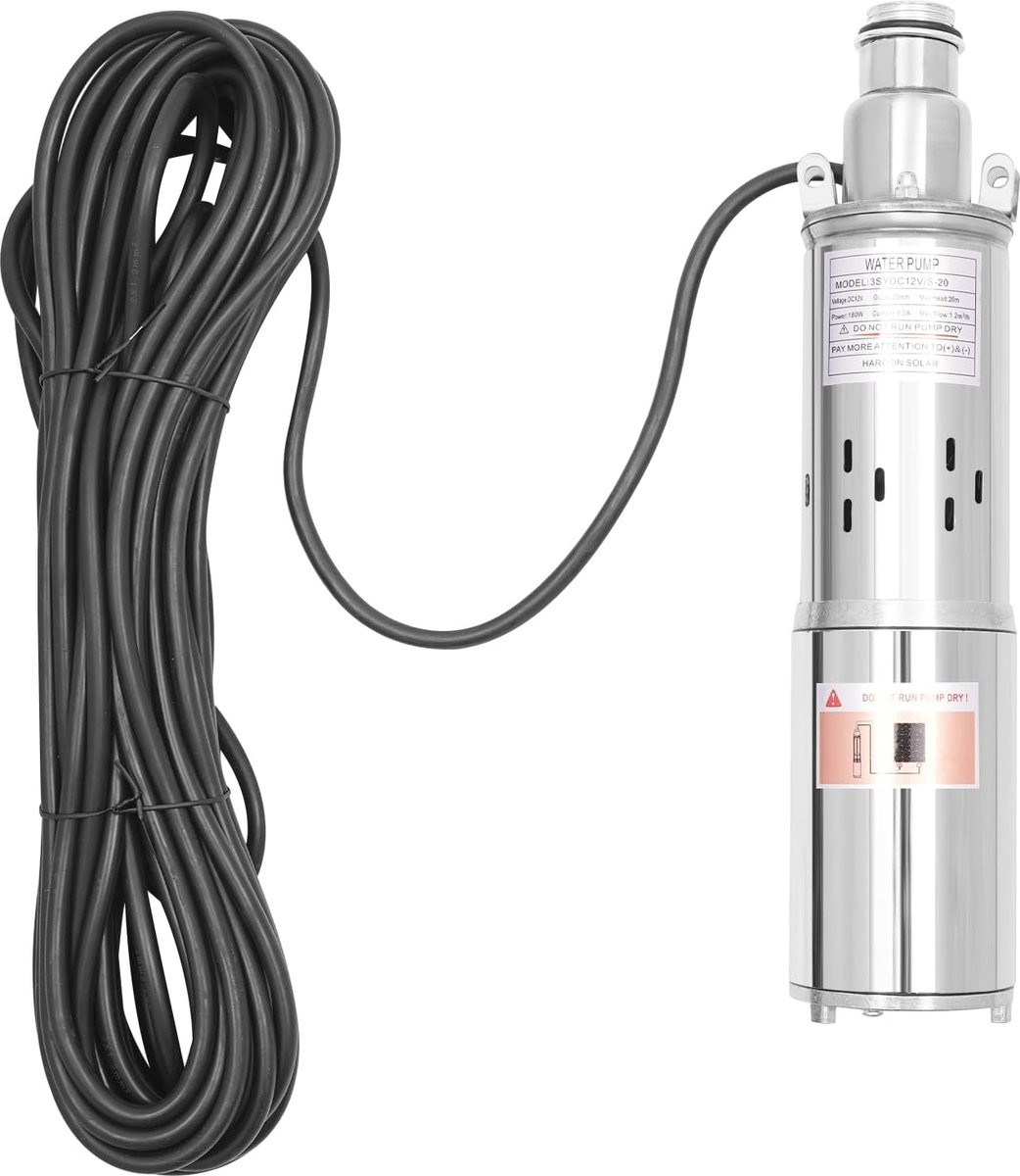Roestvrijstalen dompelpomp 180W 12V voor fonteinen, zilver, 1,2 m³/h debiet