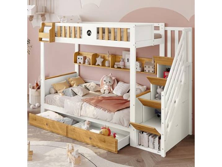 Ball & Cast Hochbett (90x200cm) Kinderbett mit 4 Spinden in der Treppe, Einzelbett mit Geländer und 2 Schubladen, Weiß+Natur
