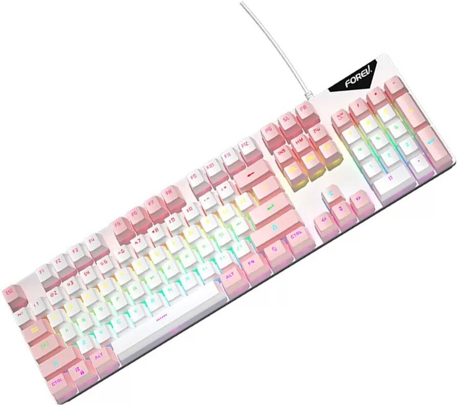 INF Mechanische Tastatur mit Kabel, Regenbogen-Hintergrundbeleuchtung, blauer Schalter, Hot-Swap-fähig, 104 Tasten Weiß+Rosa