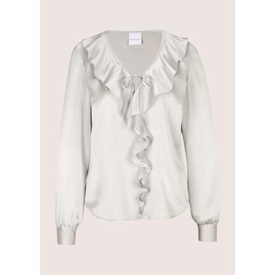 Langarmbluse MADELEINE "Bluse Satinbluse mit gestuften Volants", Damen, Gr. 40, silbergrau, Modern, tailliert, V-Ausschnitt, Blusen