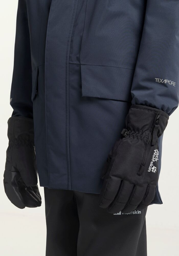 Multisporthandschuhe JACK WOLFSKIN "EASY ZIP GLOVE K", Kinder, Gr. 128 (7/8), schwarz, Kunstfaser, Handschuhe Multisporthandschuhe, Thermoisolierende Fütterung, Langer Schaft mit Kälteschutz schwarz 128 (7/8)