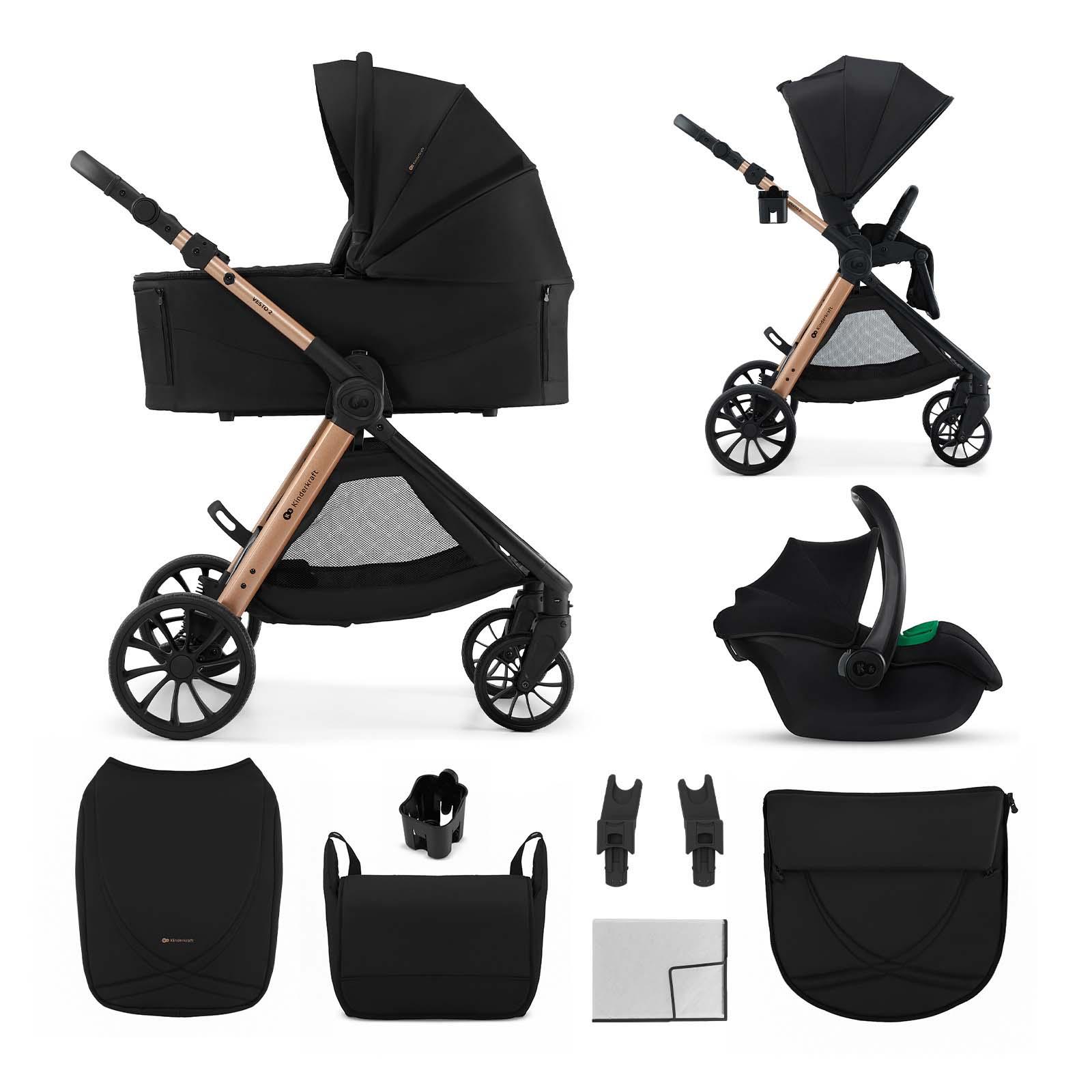 3-in-1-Kinderwagen Kinderkraft VESTO 2 mit Babywanne, MINK PRO 2 Autositz, wendbarem Sportsitz, Travel System, Schwarz