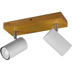 Deckenleuchte Spotleuchte Deckenlampe Spotstrahler Wohnzimmer, Metall weiß matt Holz, 2 flammig Spots beweglich, 2x Gu10 Fassungen, BxHxT 26x16x9 cm