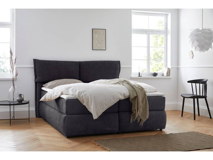 Boxspringbett, Struktur weich, Anthrazit, 188×225 cm, 7-Zonen-Tonnentaschenfederkern, Modern, andas