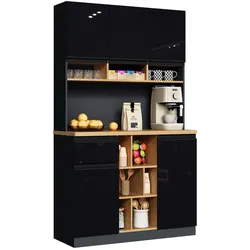 Hochschrank 105x45x185 cm mit verstellbaren Regalen, Schublade und 3 cm Arbeitsfläche – Anthrazit Hochglanz Schwarz