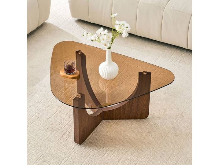 Table basse moderne Plateau triangulaire en verre trempé teinté Cadre en MDF robuste de couleur bois foncé Table En Verre Pour Salon