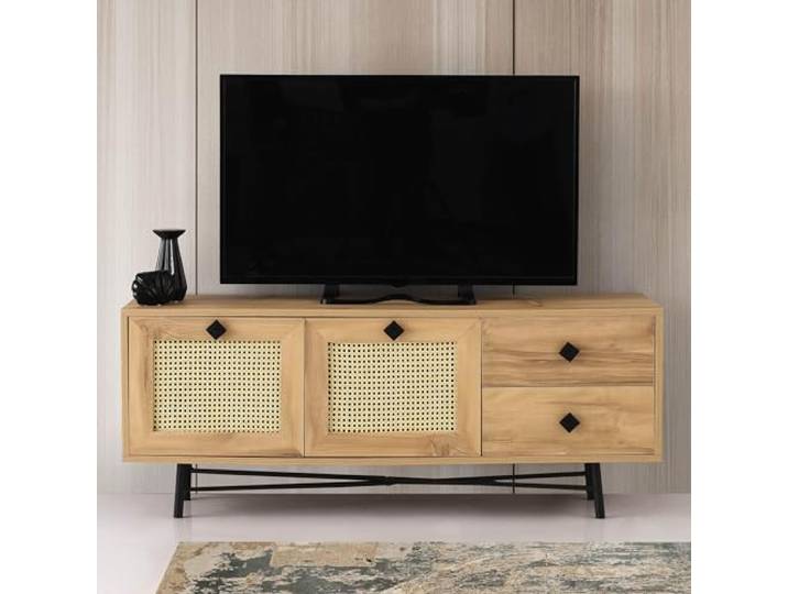 Hanah Home Stylish TV Stand with 2 Drawers & Shelves, Oak & Black, 140 x 60 x 40 cm 100% Melamine Coated, 18 mm Thick Bohemian, Industrial, Rustic Design