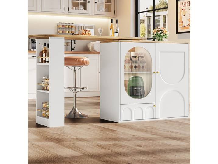 WOVREO îlot central de cuisine pivotant 360° avec rangement 138x39x105 cm MDF métal blanc
