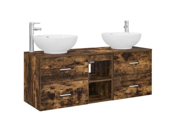 WEMYUFURN Badezimmermöbel-Set 3 STK. Geräucherte Eiche Wandmontiertes Waschbecken, Schubladensystem, Regale, Holzwerkstoff, silberne Griffe, anpassbare Platzierung
