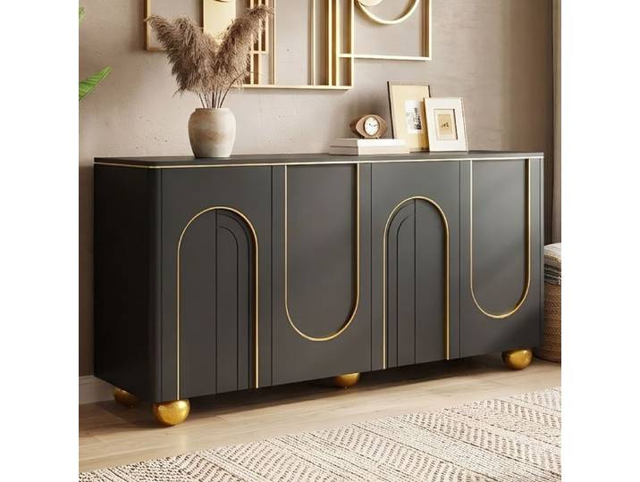 Buffet Bas 140cm - 4 Portes Arches Dorées - Grand Rangement - Portes Silencieuses - Meuble PB MDF Noir