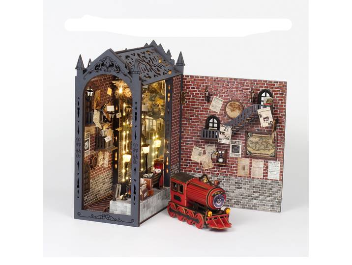 Bricolage bois coin livre Figurines Miniatures gare serre-livres lumière étagère pour amis cadeaux d'anniversaire décoration de la maison artisanat