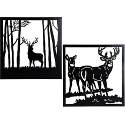 Silhouettenbild schwarz aus Metall - Hirsch bzw Reh im Wald - Schattenbild Dekobild XXL 59x59x3cm