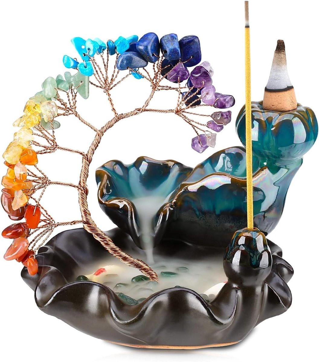 Dailygoods Keramische Waterval Wierookbrander met Kristalboom en 7 Chakra Geurstokjes