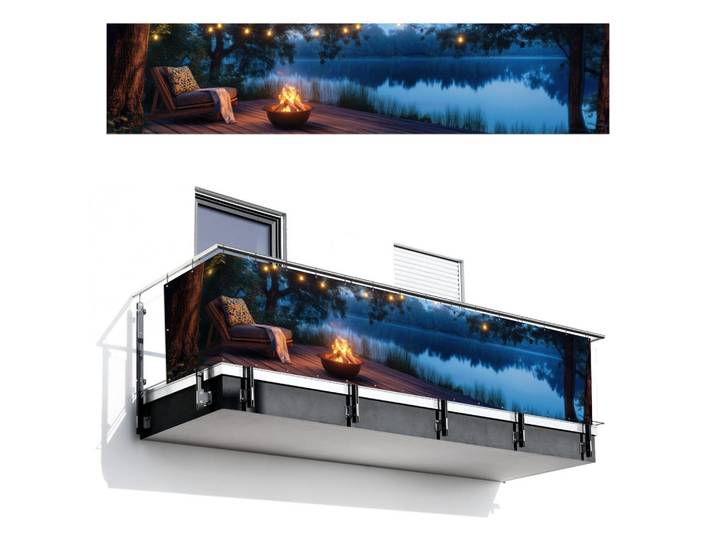MuchoWow Balkon-Sichtschutz Lagerfeuer - See - Abendlicht, Dunkelblau, Kunststoff, Rechteckig, 500x110 cm, Sonnenschutz, Sichtschutz
