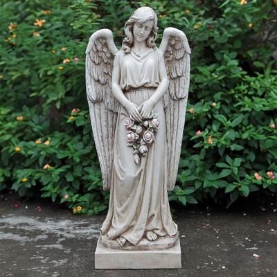 Roman Inc/Drop Ship Angel Holding Rose Wreath Garden Statue Weathered Stone , Weathered Stone