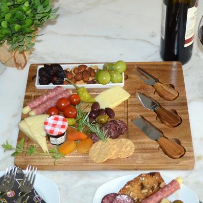 Picnic at Ascot "NCAA Illinois Fighting Illini Premium Acacia Charcuterie Board Set with Ceramic tray & Cheese Tools - 13"" x 11"""