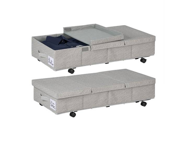 Relaxdays Unterbettkommode Grau Schwarz 2er-Set rollbar 20x80x40 cm, Kunststoff, Metall, Wellpappe, Schlafzimmer, Betten