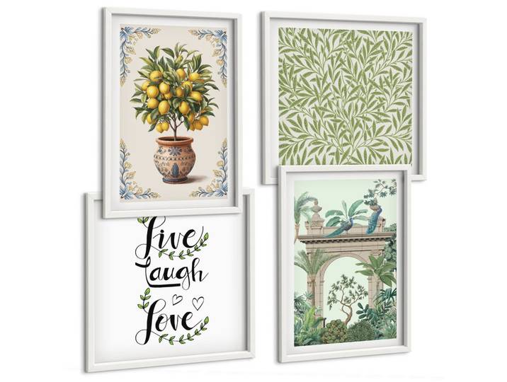 BILDER SET 4er Set - 50x50 cm & 40x60 cm Weißer Rahmen - Grüne Blätter exotischer Pflanzen