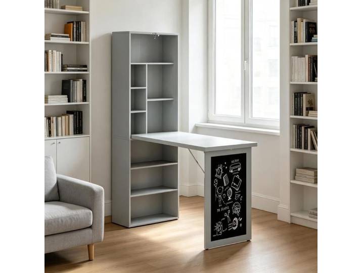 Bureau mural pliant - Noir Gris foncé - MDF Bois - 98x51x153 cm - Bureau d'ordinateur pliable - Étagère intégrée