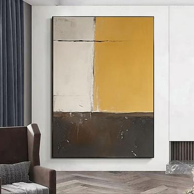 Großes abstraktes Ölgemälde, handgemalt in warmen Acrylfarben auf Leinwand, originelles gelbes und schwarzes Leinwandbild, moderne minimalistische Wandkunst für Wohnzimmer und Zuhause