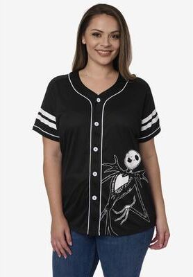 Plus Size Women's Jack Skellington Black Baseball Jersey Button Down Shirt by Disney in Black (Size 2X (18-20))