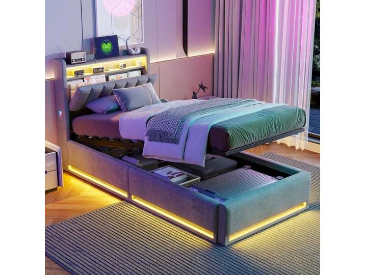 Lit Coffre 90x200 avec Led Lit Rembourré avec Coffre Lit Rembourré Led Hydraulique Lit Double avec Rangement Lit Capitonné
