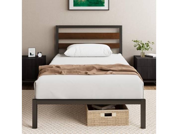 Zinus Kai Bettgestell 90 x 200 cm mit Bambus Kopfteil - Metallbett mit Metall-Lattenrost - 25.4 cm Hohe Plattform mit Freiraum Darunter - Kein Boxspringbett Erforderlich - Schwarz/Braun