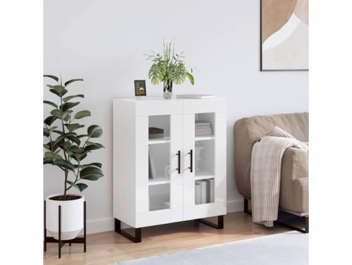 HEFZGDB Klassisches Sideboard mit Glasfront aus Holzwerkstoff und Metallfüßen zur Aufbewahrung und Präsentation mit viel Stauraum im Glasdesign in Weiß