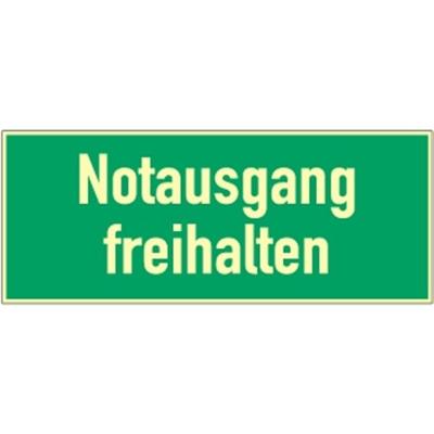 Notausgang freihalten, Textschild, Kunststoff, nachleucht., 160-mcd, 297x105 mm