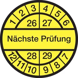 Prüfplakette ab 26, Nächste Prüfung, gelb/schwarz - Spenderbox à 500 Stück - 30 mm Folie selbstklebend