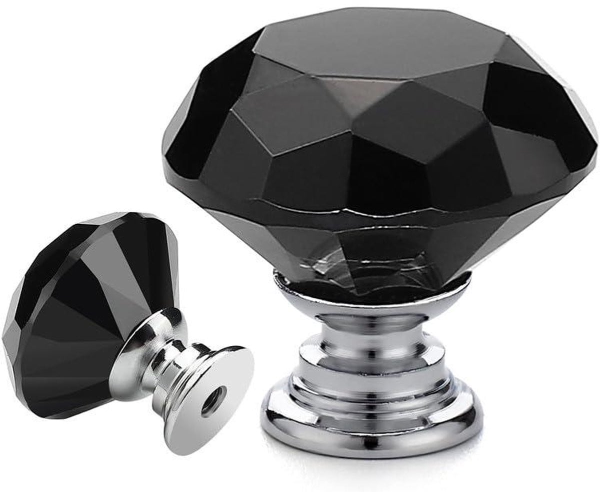 Kristallen Ladeknoppen Diamant Handgrepen Zwart Glas met Zilveren Basis - 32mm - Zwart