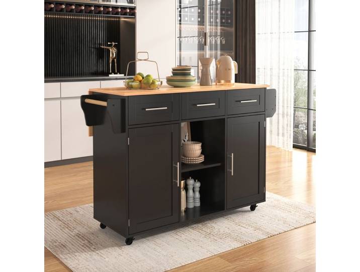 Îlot de Cuisine 139x46-71x91 5cm Plateau Rabattable 3 Tiroirs Étagères Réglables Roulettes ou Pieds en Bois Massif - Noir